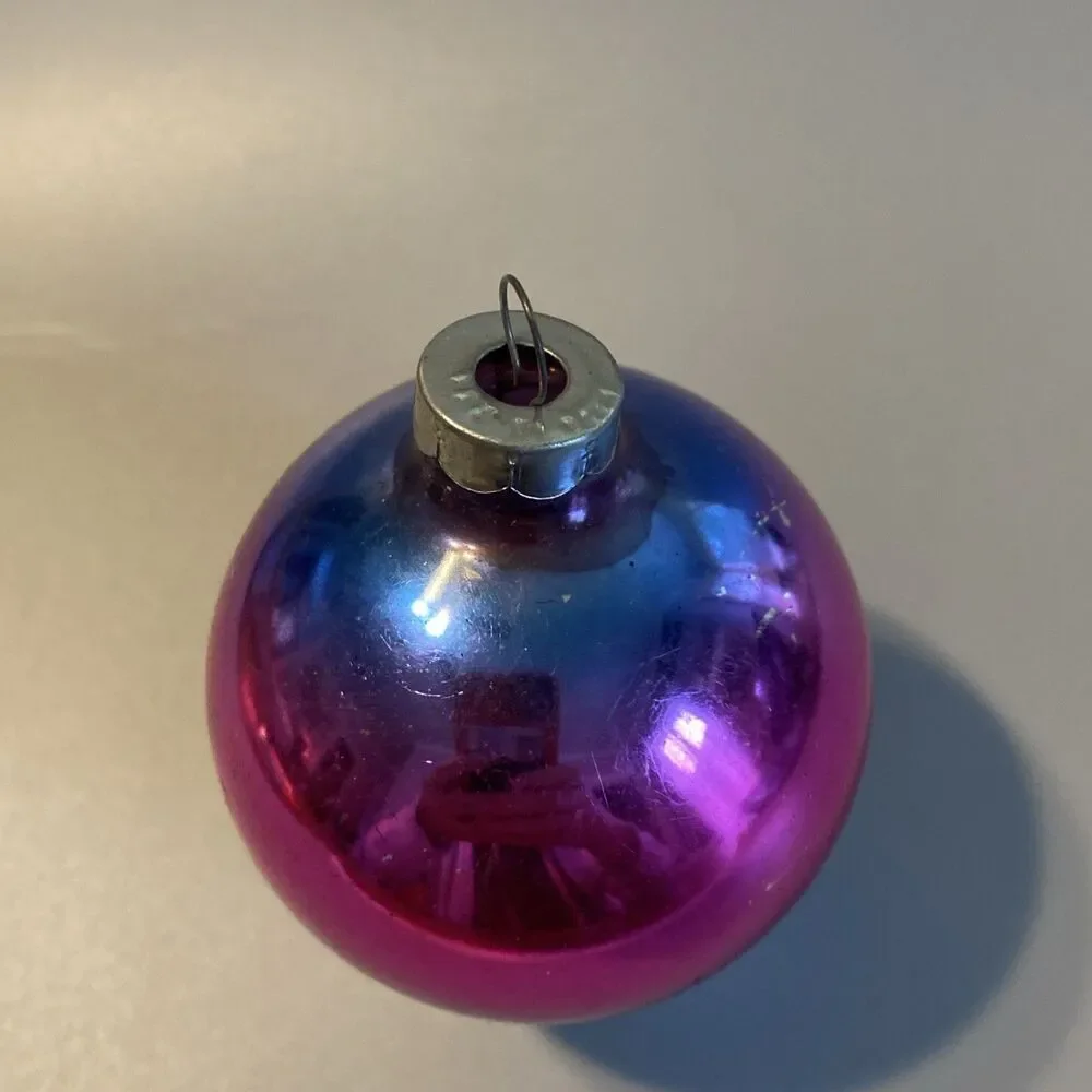 Vintage Christmas Ombre Glass Ornament Hand Made In USA 8.25” Blue Pink Fade